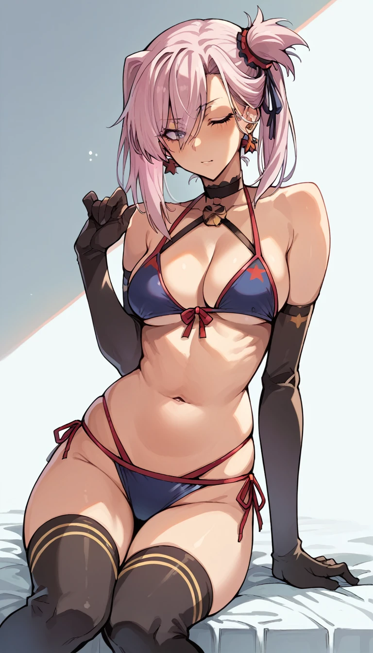 Musashi Miyamoto,Swimwear,星条旗Swimwear,Slender and sexy woman,Pink Hair,Side Bang Hair,Hair ear ties,Thigh-length gloves,Black knee socks,Black thigh-high socks,Hotel,