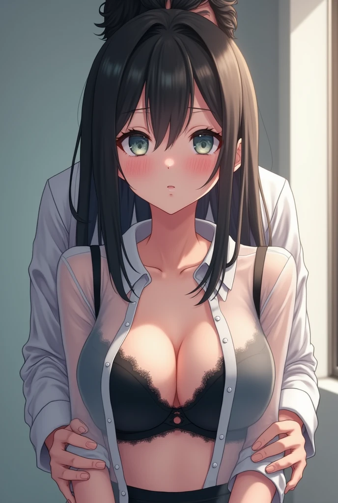A beautiful kawaii female artist with pure white skin, 23 years old who works as a secretary, standing wearing a transparent shirt with a low cleavage, so a black bra and wearing a short skirt, her face is clearly scared and detailed while being hugged from behind by her boss. Original photo. 8K HD.