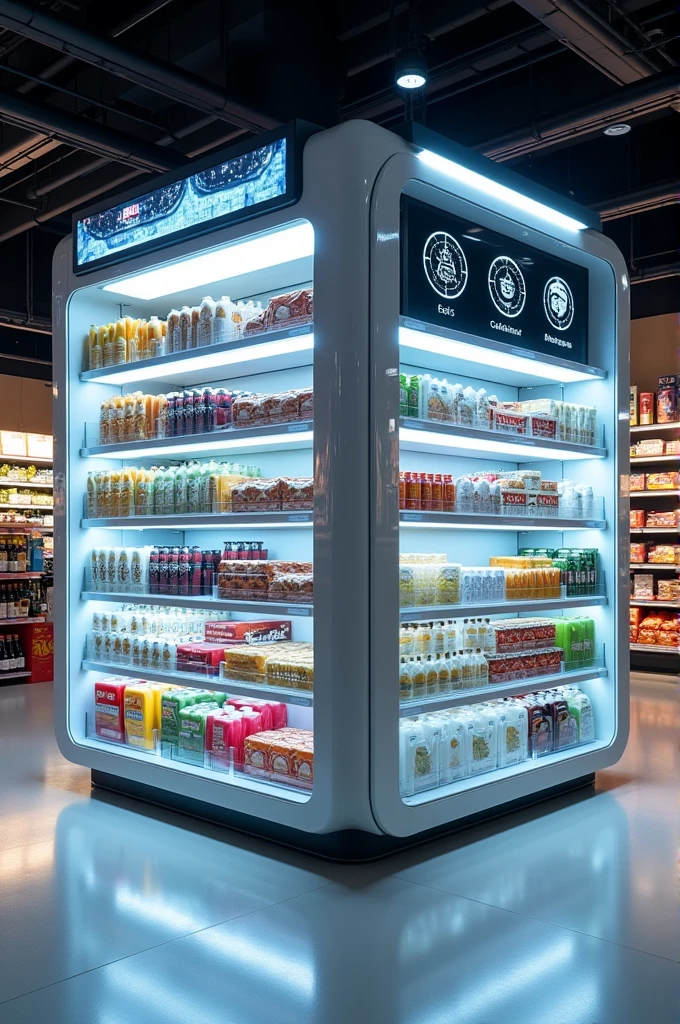 I need a four-sided shelving unit for supermarket product display with LED lights in all the shelving compartments., The compartments have mobile separators with motion sensors, Smart screens are installed on all four sides of the entire top of the shelf, On the front side there is a digitalized screen with a code scanner.