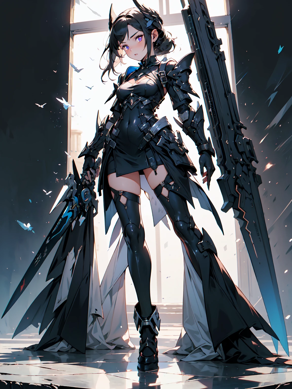 (((masterpiece, best quality, high detailed, 16k))) (1girl) A mysterious rogue with short, jet-black hair and striking violet eyes. She is dressed in a sleek, dark leather outfit that allows for swift movement, with hidden daggers strapped to her legs. Her expression is cold and calculating, and she holds a shadowy blade that seems to absorb light. ((full body view))