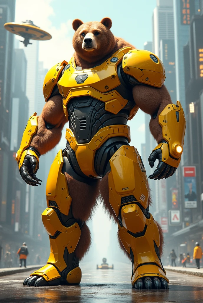 Sci-fi superhero of a bear in a golden suit with a cover title