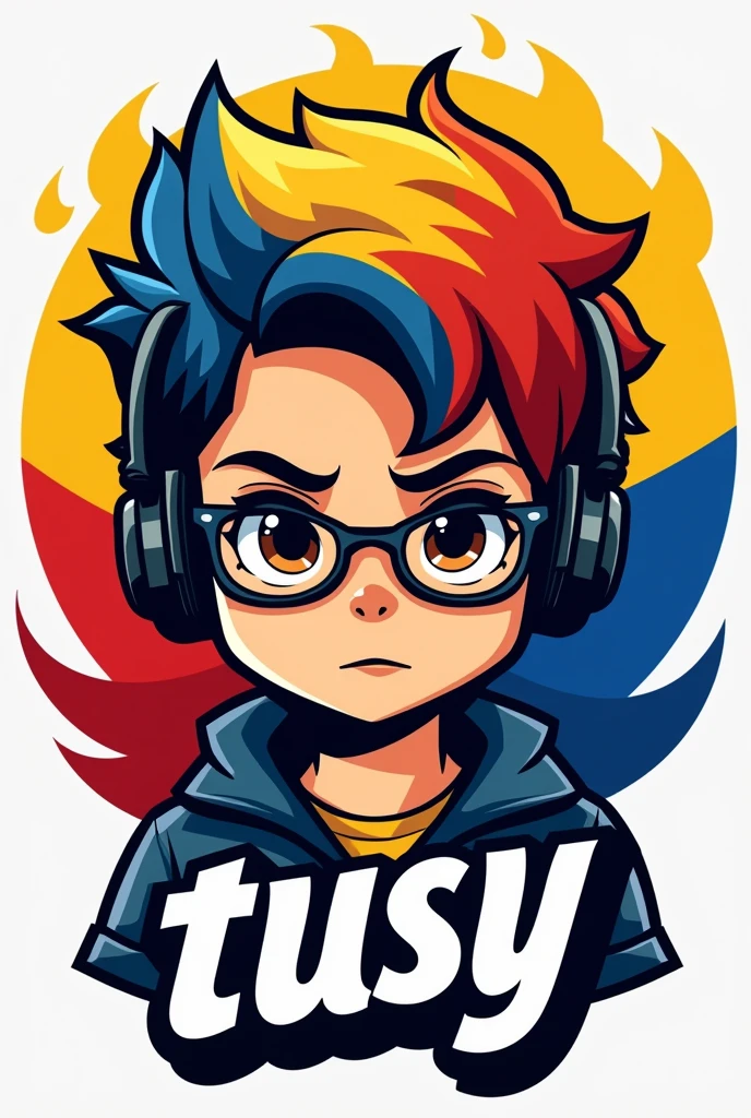 Create me a logo where the mascot is a boy with a serious expression, Behind him the flag of Colombia, Brown eyes, yellow blue and red hair, black headphones, black glasses and underneath have the letters "tusy"