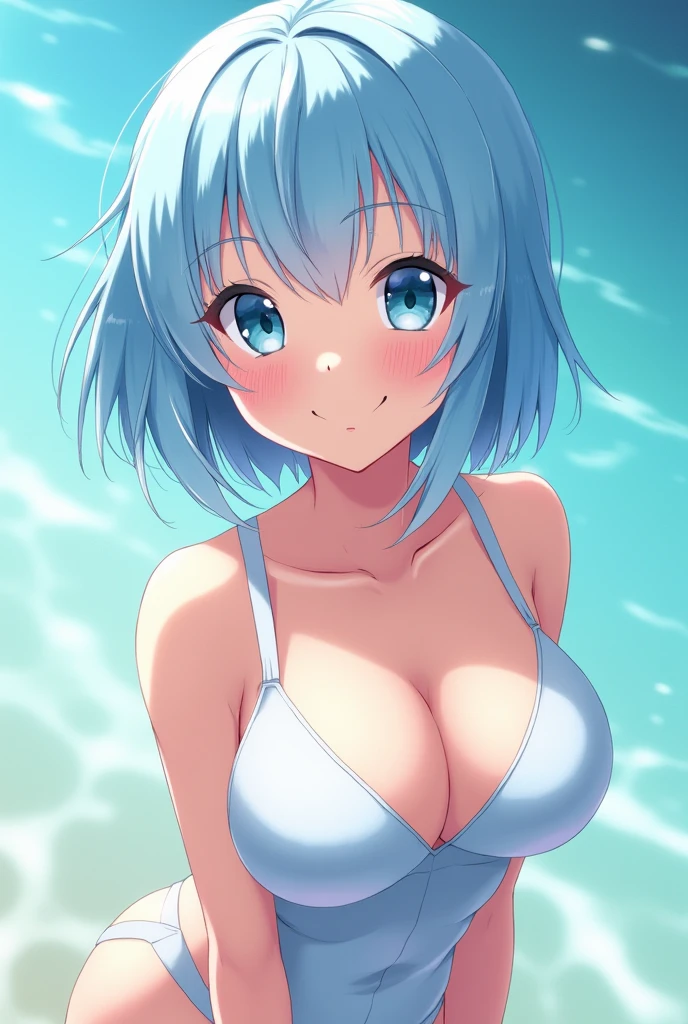 Light blue hair, light blue eyes, woman, smooth, short bob, belly-baring swimsuit, big breasts, smile, small face, Japanese high school girl, hair on forehead