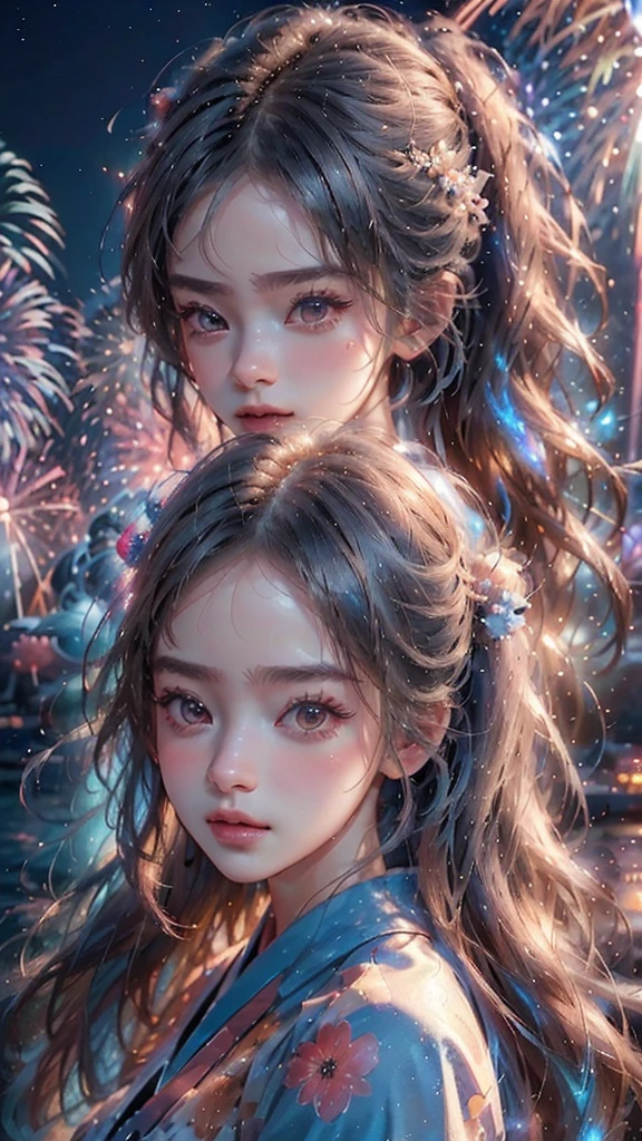 ((A realistic image of a girl watching a fireworks display at Miyajima)),
The girl is facing the camera,
The sky is filled with colorful fireworks,
Fireworks are reflected on the water's surface,
The girl is wearing a blue yukata with traditional patterns,
Her hair is styled in an elegant updo,
The theme colors of the scene are blue and pink, reflected in the yukata and fireworks,
The angle includes a view of Itsukushima Shrine in the background,
The aspect ratio is 9:16,
The scene captures the festive atmosphere, with vibrant fireworks lighting up the night sky over the water