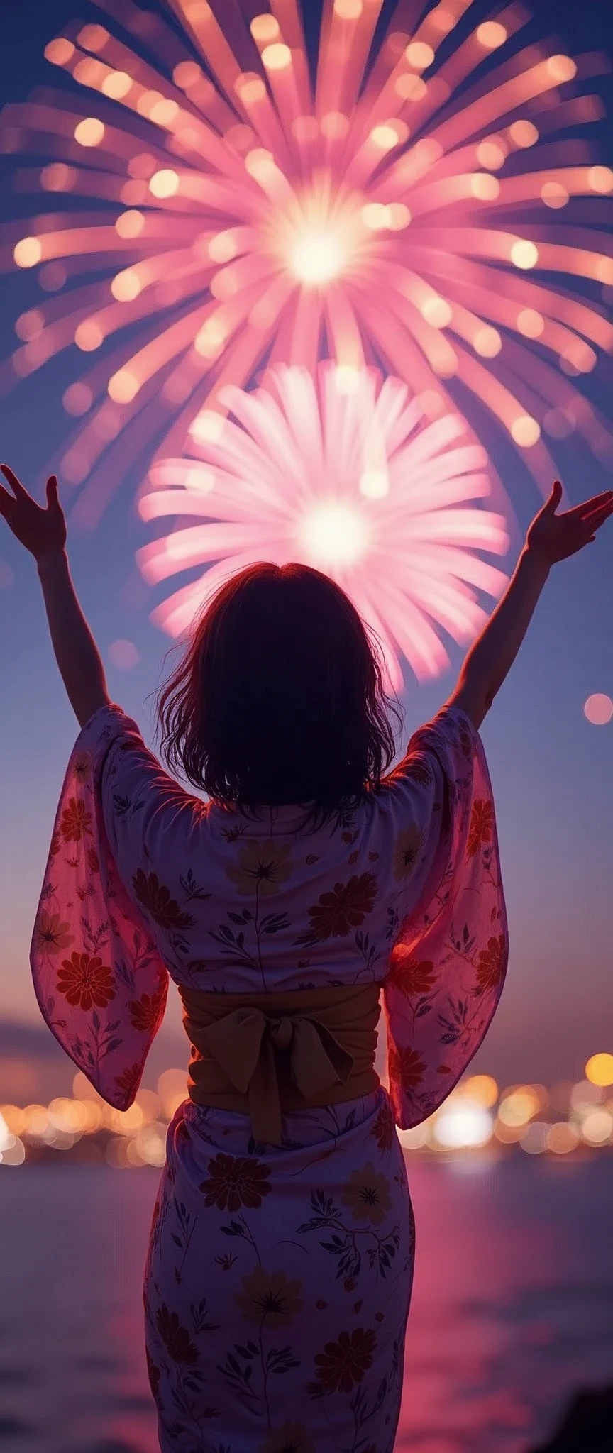 (masterpiece:1.2),(Highest quality),(Super detailed),(Ultra-high resolution),(Photorealistic),(RAW Photos),8k,wallpaper,(1 female:1.5),Girl in yukata,Japanese,Look up at the sky and watch the fireworks,Rear view,BREAK((Fireworks fill the night sky,beautiful Fireworks,Colorful fireworks)),(Beautiful night sky),(Happy expression:1.5),((From below)),(dynamic),Raise your arms,(Great hands)