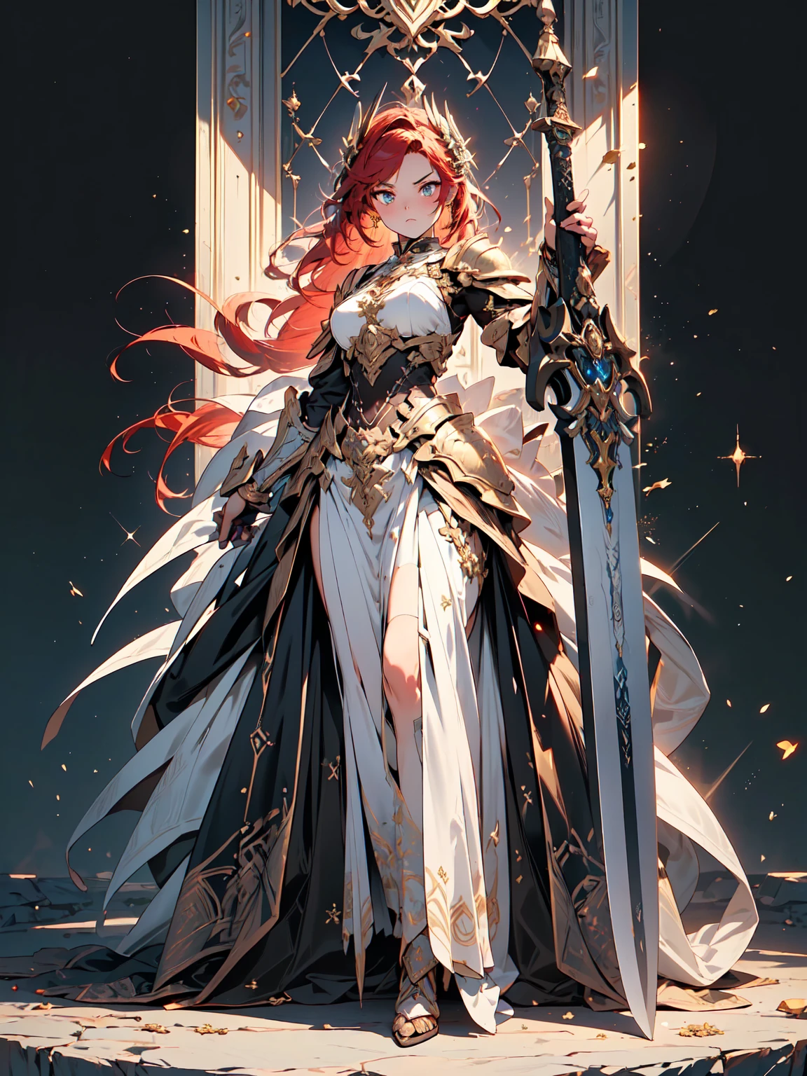 (((masterpiece, best quality, high detailed, 16k))) (1girl) A fierce warrior princess with fiery red hair braided with golden threads, wearing a dazzling suit of obsidian armor decorated with intricate gold filigree. Her piercing amber eyes burn with intensity as she wields a double-edged sword that glows with a mystical light. ((full body view))