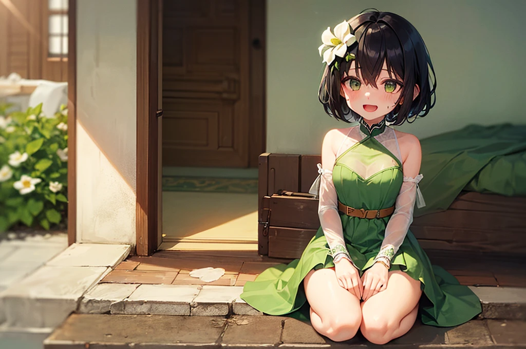 masterpiece, best quality, ultra-detailed,1girl, :d, bare shoulders, blush, breasts, detached sleeves, dress, flower, full body, green dress, hair between eyes, hair flower, hair ornament, KoKKoro, long sleeves, open mouth, puffy long sleeves, puffy sleeves, see-through, see-through sleeves, seiza, short hair, sitting, sleeveless, sleeveless dress, smile, 独奏, white flower,In flat colors, Depth of written boundary, Lens flare,Super high quality figure,Best Quality,８K,１１Age-appropriate anime characters,Her breasts are small,((Poor body)),Bare Breasts、Exposed vagina,Sweating profusely,Anguished expression,lure, Sharp Eyes,Future Equipment,An outpouring of goodwill,Detailed touches, Detailed cloth texture, Beautiful detailed face,Women&#39;s bed,Lie down and spread your legs wide,Disturbed breathing,Facial expression just before climax,I feel frustrated（（（Bare chest）））（（（Luxurious bridal attire）））,Bobbed hair、Mysterious Hair,Composition that emphasizes the chest,Scream in uncontrollable pleasure,Little Goddess,A spirit caresses my chest,Sigh of excitement,Disarray Peony、Tears running down my cheeks、(Noise Reduction:0.6）