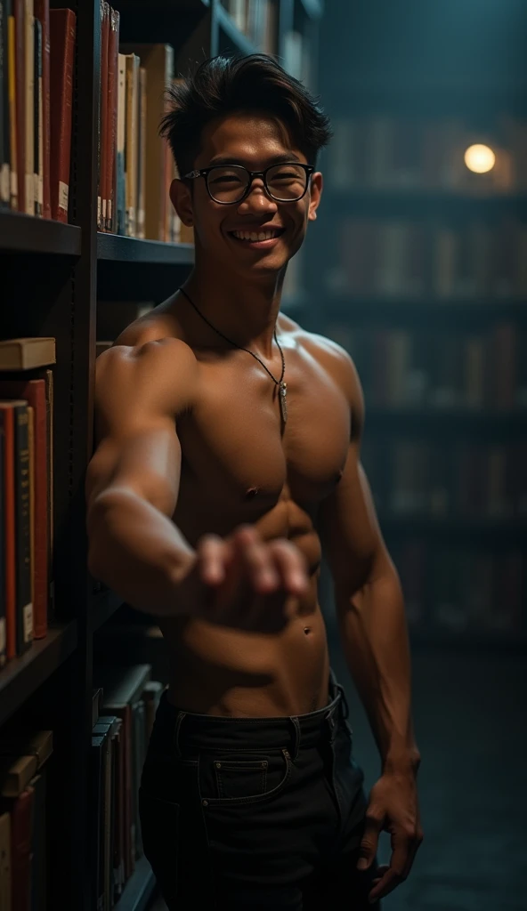 best quality, masterpiece, extremely detailed, masculine, 25 year old muscular bodybuilder filipino man, wearing glasses, innocent round face with soft features, (muscular bodybuilder), very cheeky smile, fitted clothes, quartz crystal pendant, leaning against bookshelf, reaching out one hand towards camera, in library, afterhours, lights out, at night, cinematic shadows, dreamy atmosphere, perfect face, perfect hands, perfection