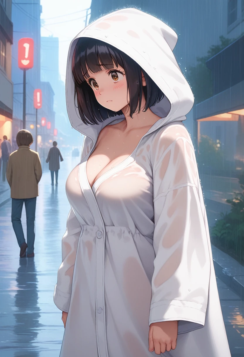 score_9,score_8_up,score_7_up,masterpiece,best quality, source anime, realistic, super detailed, extreme detailed, rating_explicit,
1girl, standing, cowboy shot, (looking another:1.4),
BREAK 22yo, short hair, bob cut, (blunt bangs), black hair, (tareme, detailed cute brown eyes), curled eyelashes, (large breasts:0.9),
shiny hair, beautiful detailed eyes, beautiful face,
rain coat over naked, (hood), (see through:1.4), (wet),
(embarassed:1.2), blush, frown,
outdoors, city, street, rain,