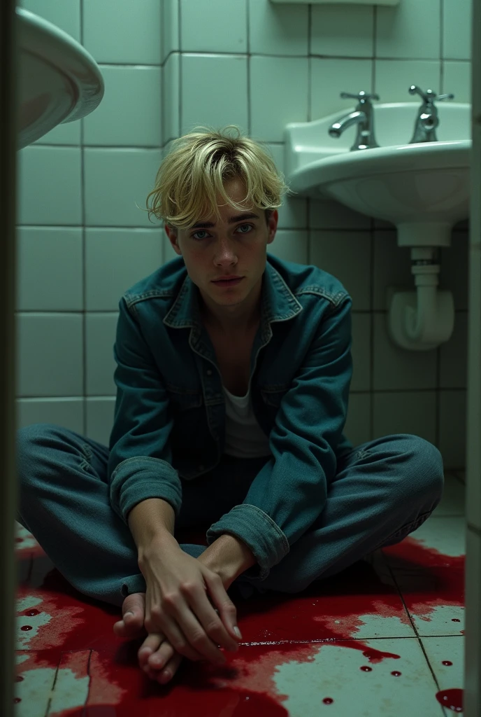 Young charismatic blond man dying with blood sitting on bathroom floor