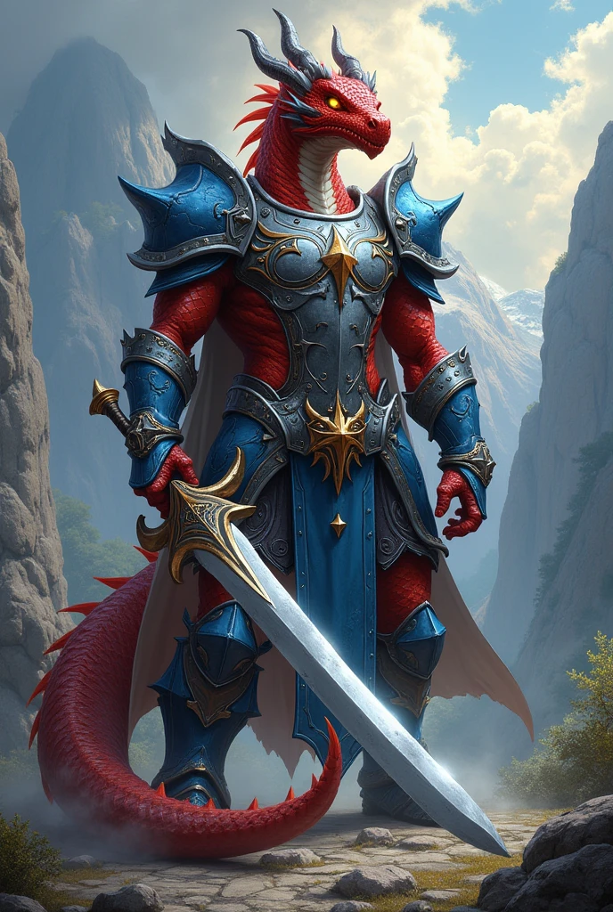 A red half-dragon with silver and blue armor., with a broadsword