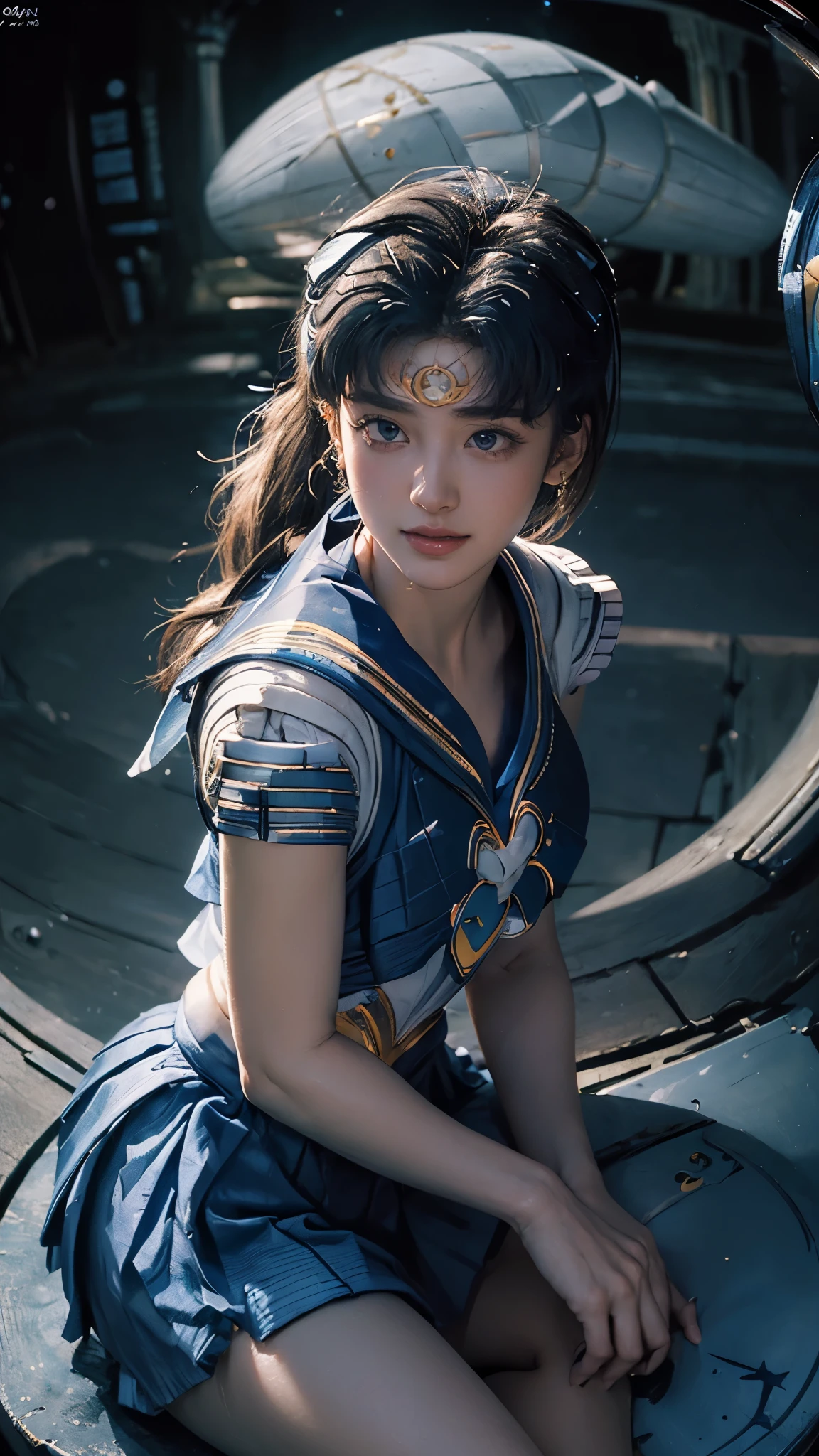Highest quality, masterpiece, Ultra-high resolution,4K,((Sky Blue Sailor Moon Cosplay Portrait:1.6)), Blonde Hair。(Detailed face:1.4), RAW Photos、((Pleated mini skirt)),((Chest up)),1 person,Slim 22 year old adult female,((A big smile showing all teeth, )) ,((Blonde ponytail and hair tie)),((Ribbon in hair)),((Looking up at the audience)),((Face Focus:1.6)),((Moonlit sky photographed with a fisheye lens:1.4))