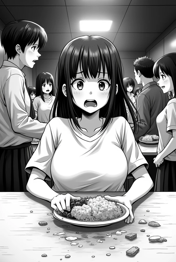-Draw a black and white manga of a fat girl being bullied by her friends who threw water on her food in the school cafeteria.