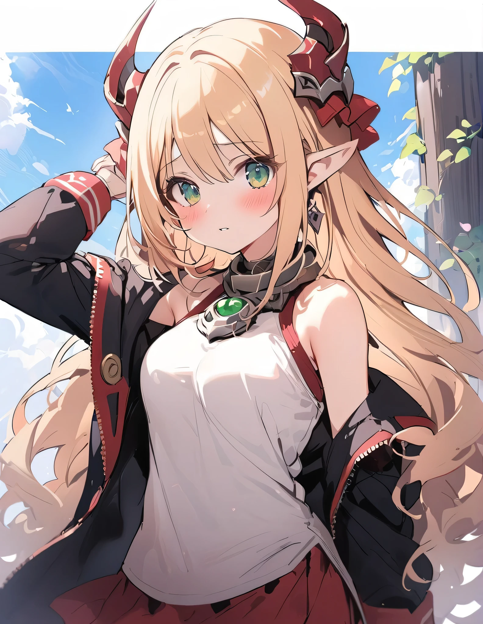 1 girl, princess connect(alisa),elf,elf_ear , (increasing the weight makes things worse),Raise the hand, Are standing, bangs, just_shoulder , blonde, green eyes, blush,long hair,uniform
