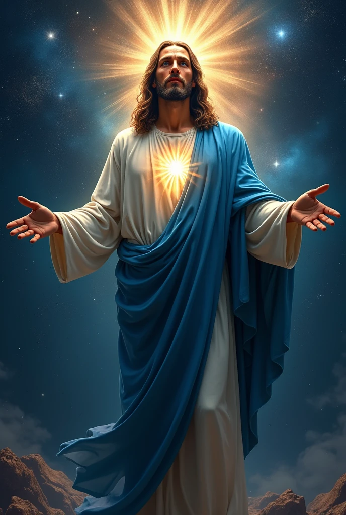 (photorealism:1.2), handsome Jesus Christ with tears in the galaxy, wearing blue king clothes with light in his head and heart spreading all over in the galaxy, perfect eyes tears, perfect Jesus Christ, real Jesus Christ, perfect five hands, perfect crying face, elegant, soft lighting, many stars, stand straight, realistic, intricate details, warm colors, by Earl Cornelio Necor