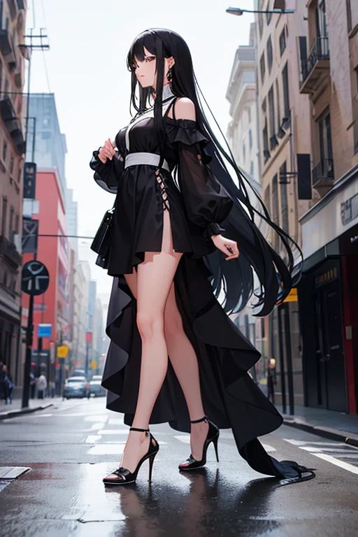 woman,long hair,black hair,Dress,high-heels,