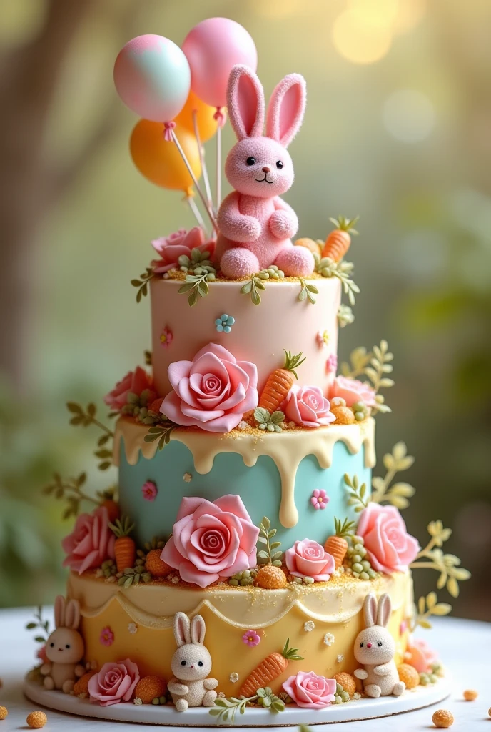 , the pink one above, a bunny and balloons on the cake above, natural roses in the middle of the two cakes, on the cake below rabbits and carrots
