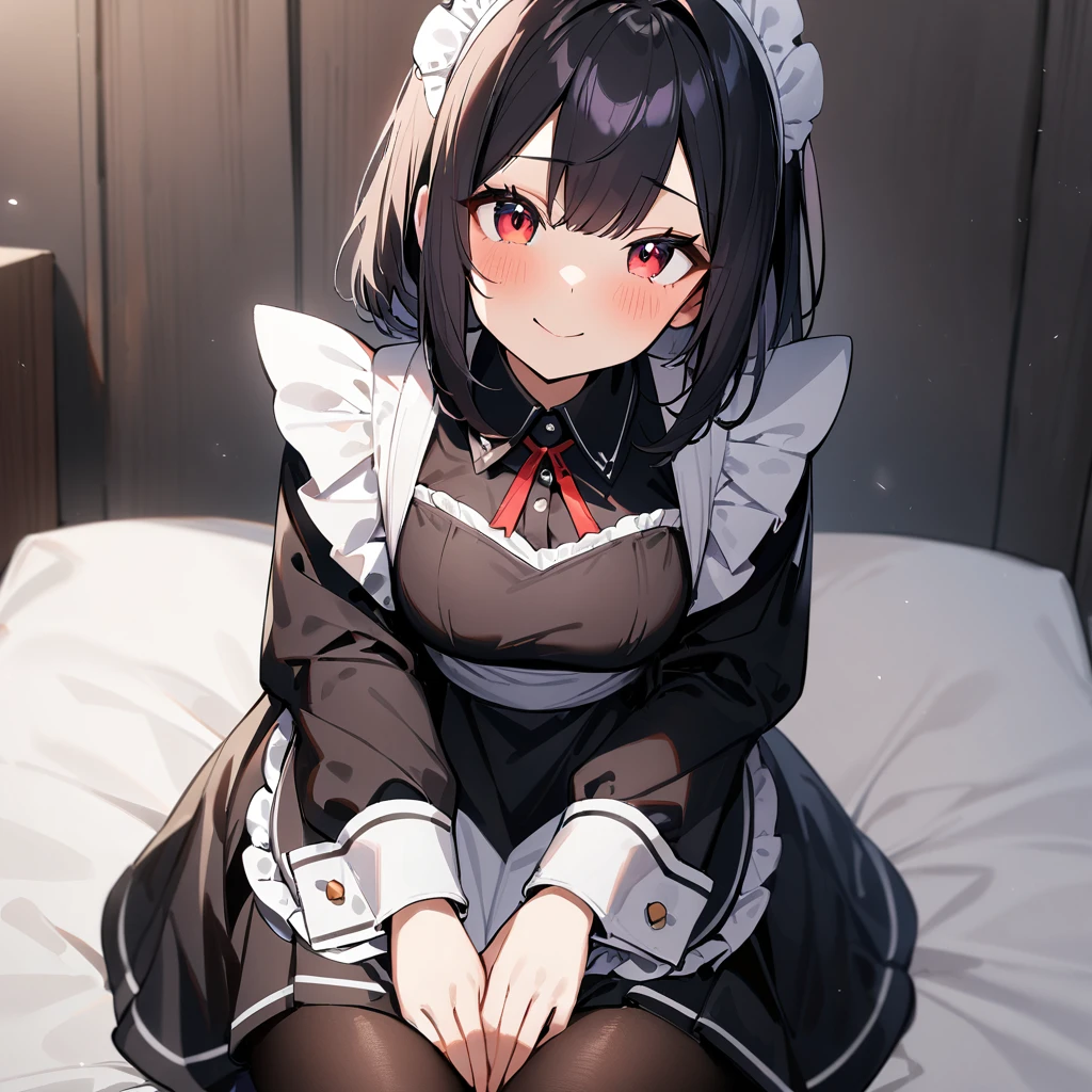 1girl,Solo,smile,blackhair,red eyes,purple and red,Maid,black skirt,black Shiny pantyhose,Large sleeves,masterpiece, best quality, very aesthetic, absurdres,pov Crotch,hands Between legs