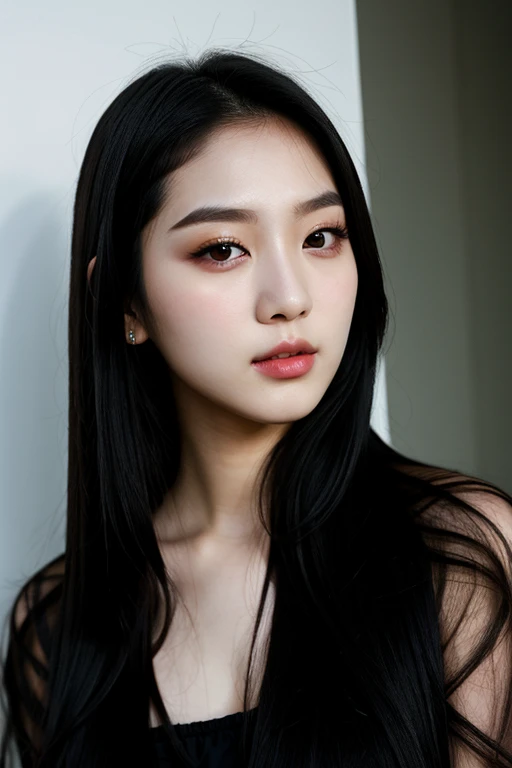 A korean kpop female idol style, long black straight hair, concept photoshoot , face cam, amber eyes, upturned monolid almond korean eyes, plump lips, siren eyes, pale skin, beauty marks on face, dark clothing/style