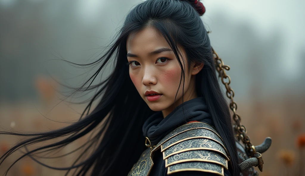 (((woman))), (((best quality))), (((chinese))), (((AS Adult))), A beautiful Asian samurai warrior woman with perfect body, on the battlefield, straight and flowing hair, sexy full leather armor, tribal tattoos, straight black hair, colored hair tips, high definition, 8k, 4k, cyberpunk