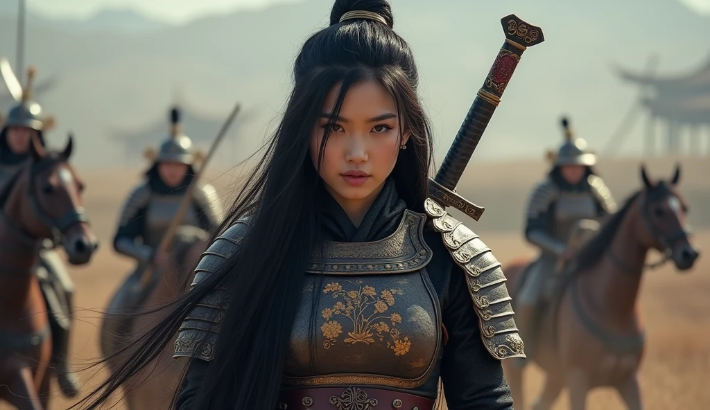 (((woman))), (((best quality))), (((chinese))), (((AS Adult))), A beautiful Asian samurai warrior woman with perfect body, on the battlefield, straight and flowing hair, sexy full leather armor, tribal tattoos, straight black hair, colored hair tips, high definition, 8k, 4k, cyberpunk