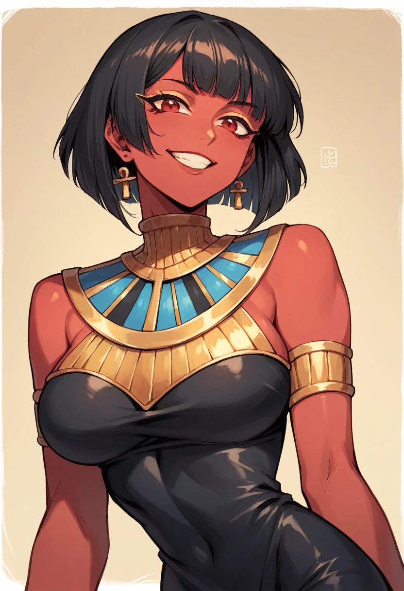 woman,red skin, Short spiky hair close up 80s style, black Egyptian dress with gold details neckline, smiling,red eyes,Tight dress