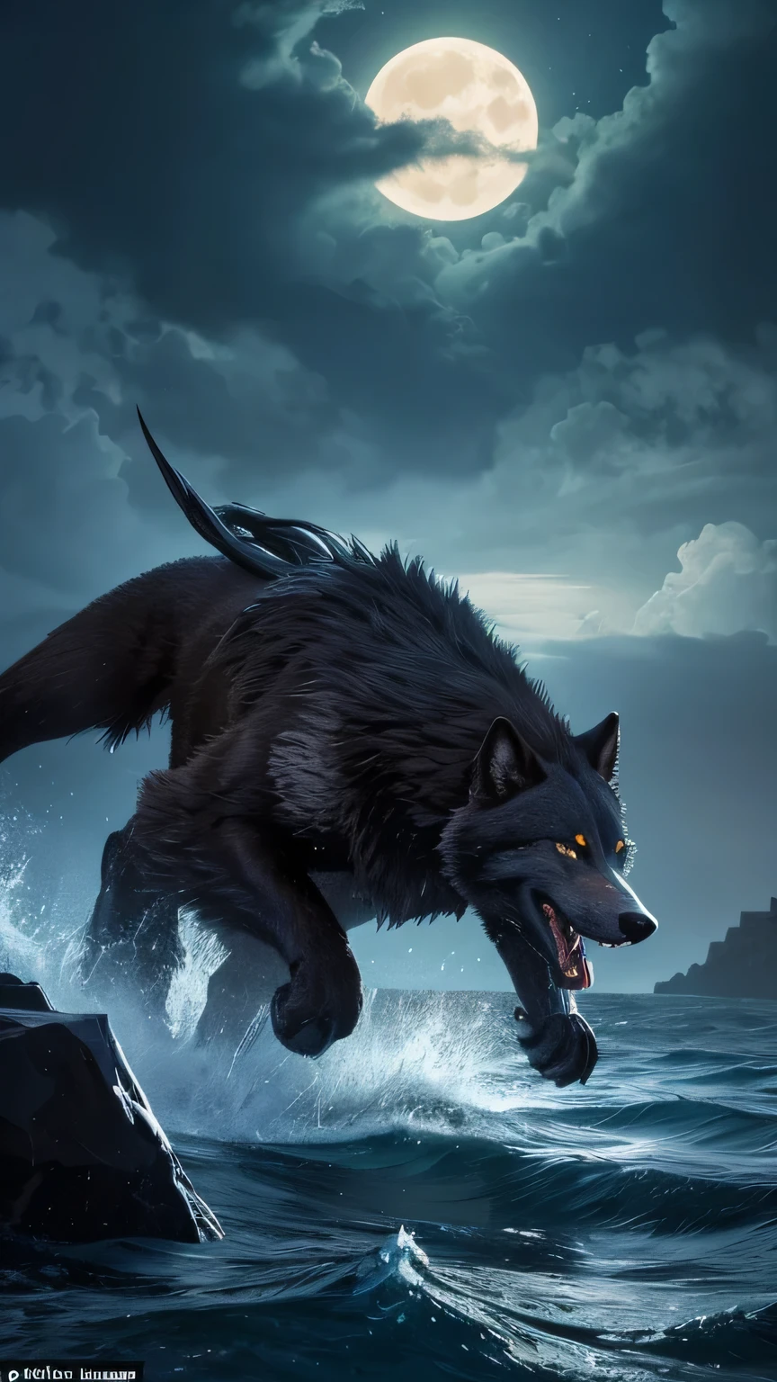 Prompt: "Create an ultra-realistic depiction of a mythological scene featuring Fenrir, the giant wolf from Norse mythology. In this dramatic portrayal, Fenrir is shown under a luminous moon, with his enormous, menacing form towering above the seascape. His fur is thick and dark, reflecting the eerie moonlight, and his eyes glow with a fierce, supernatural light. His open jaws reveal sharp, massive teeth, poised to strike fear. In the foreground, a lone warrior, armed with a sword and shield, stands resolute against Fenrir's impending attack. The backdrop features stormy seas and jagged cliffs under a tumultuous sky, with lightning bolts accentuating the intense atmosphere of the confrontation."