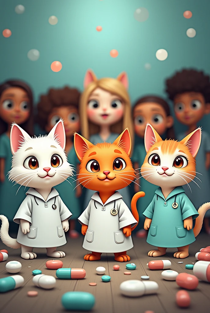 3 cartoon style cats cats with medical gown ,a white girl with brown eyes,another orange dark brown eyes ,another peach color black eyes ,surrounded by drugs