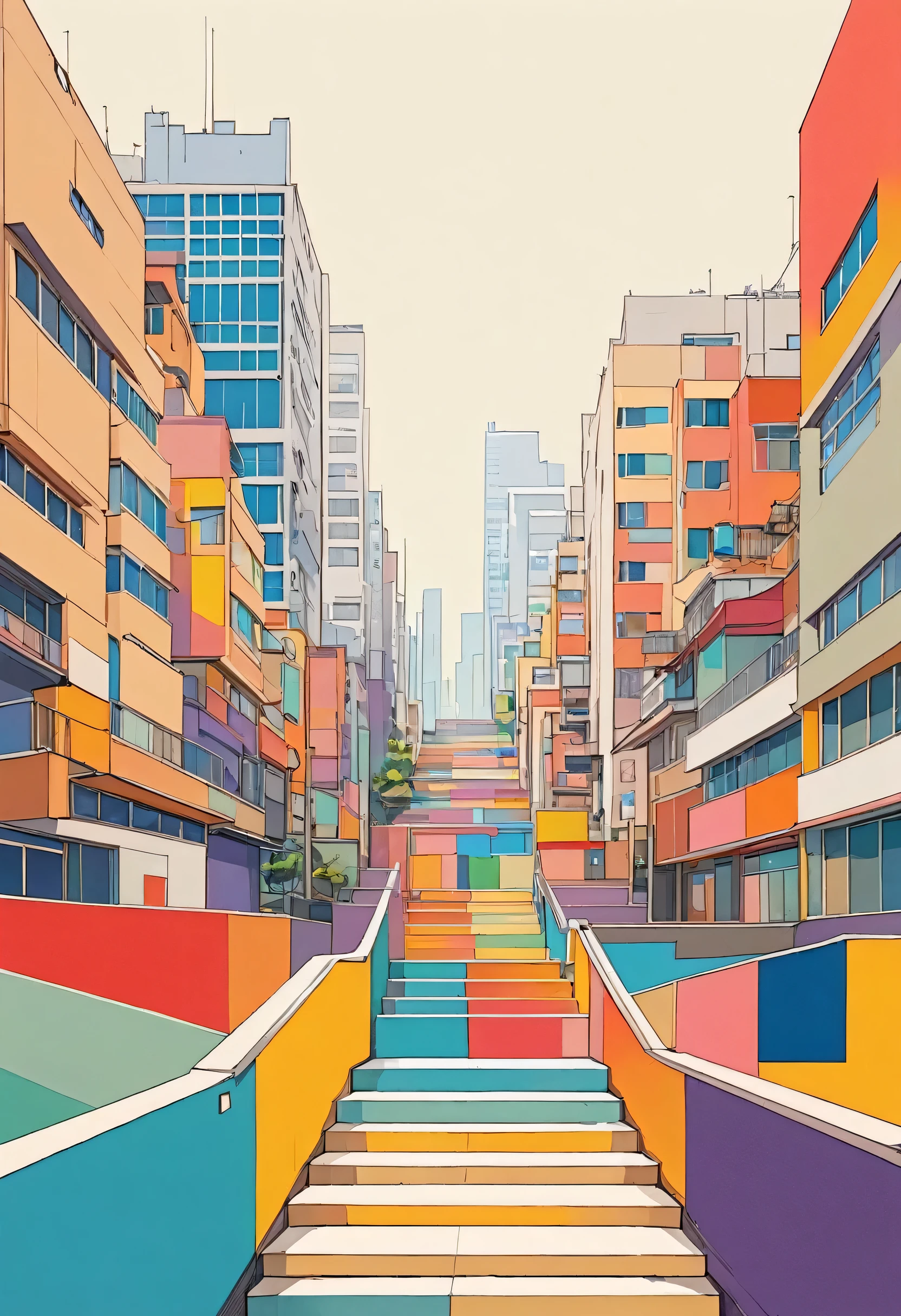 12stairs colorful style, Simple Line Initialism，Abstract art，(((Kobe cityscape))), (((No people)))