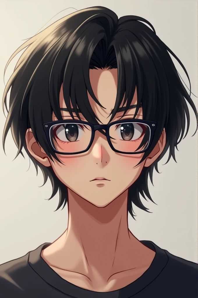 (Top Quality, Masterpiece: 1.2), (Male), Boy, Black Hair, Shoulder-length Hair, Black Eyes, Glasses, Serious, Blushing