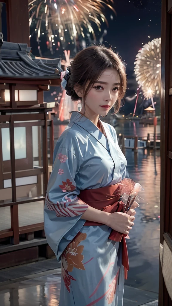 ((A realistic image of a girl watching a fireworks display at Miyajima)), The girl is facing the camera, The sky is filled with colorful fireworks, Fireworks are reflected on the water's surface, The girl is wearing a blue yukata with traditional patterns, Her hair is styled in an elegant updo, The theme colors of the scene are blue and pink, reflected in the yukata and fireworks, The angle includes a view of Itsukushima Shrine in the background, The aspect ratio is 9:16, The scene captures the festive atmosphere, with vibrant fireworks lighting up the night sky over the water
