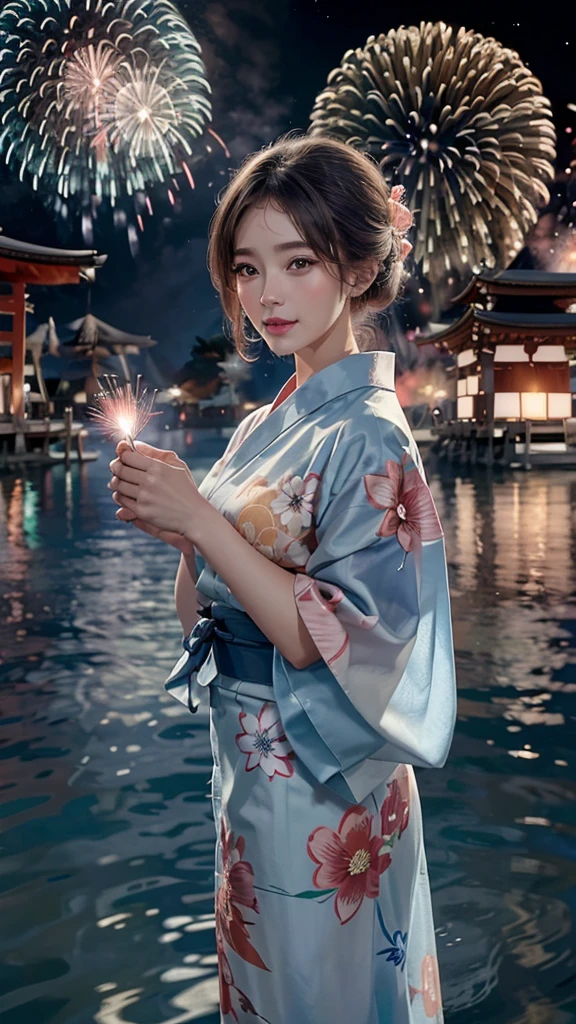 ((A realistic image of a girl watching a fireworks display at Miyajima)), The girl is facing the camera, The sky is filled with colorful fireworks, Fireworks are reflected on the water's surface, The girl is wearing a blue yukata with traditional patterns, Her hair is styled in an elegant updo, The theme colors of the scene are blue and pink, reflected in the yukata and fireworks, The angle includes a view of Itsukushima Shrine in the background, The aspect ratio is 9:16, The scene captures the festive atmosphere, with vibrant fireworks lighting up the night sky over the water