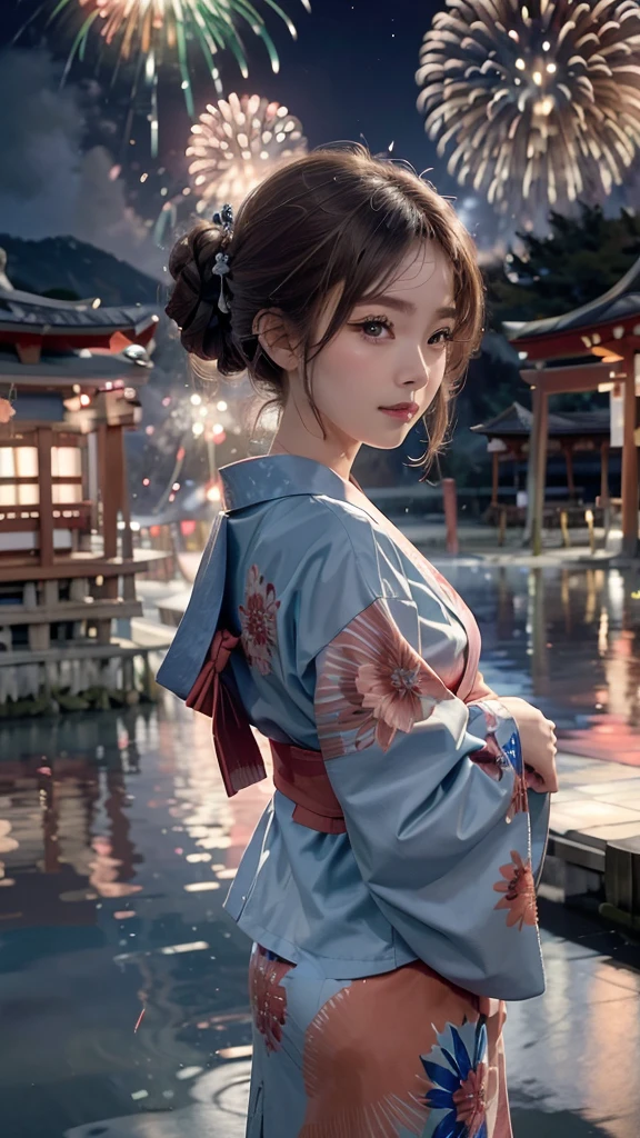 ((A realistic image of a girl watching a fireworks display at Miyajima)), The girl is facing the camera, The sky is filled with colorful fireworks, Fireworks are reflected on the water's surface, The girl is wearing a blue yukata with traditional patterns, Her hair is styled in an elegant updo, The theme colors of the scene are blue and pink, reflected in the yukata and fireworks, The angle includes a view of Itsukushima Shrine in the background, The aspect ratio is 9:16, The scene captures the festive atmosphere, with vibrant fireworks lighting up the night sky over the water