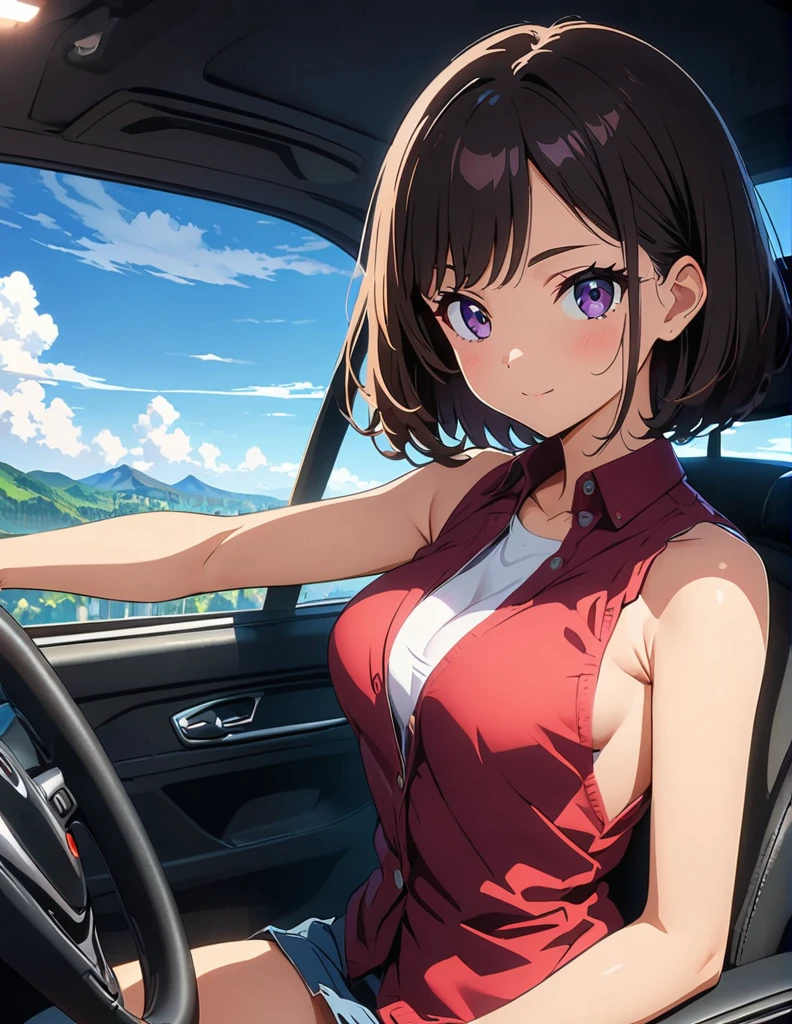(anime artwork, anime style, studio anime, very detailed, up to date, vibrant, Anime Coloring, high contrast, masterpiece:1.2, best quality, best aesthetics),1 girl, Medium chest, A glimpse of thighs,random hair, One eye is hidden by the bangs, perfect proportions, high detail skin, Cute, detailed faces, precise fingers,in the convertible car front driver's seat,