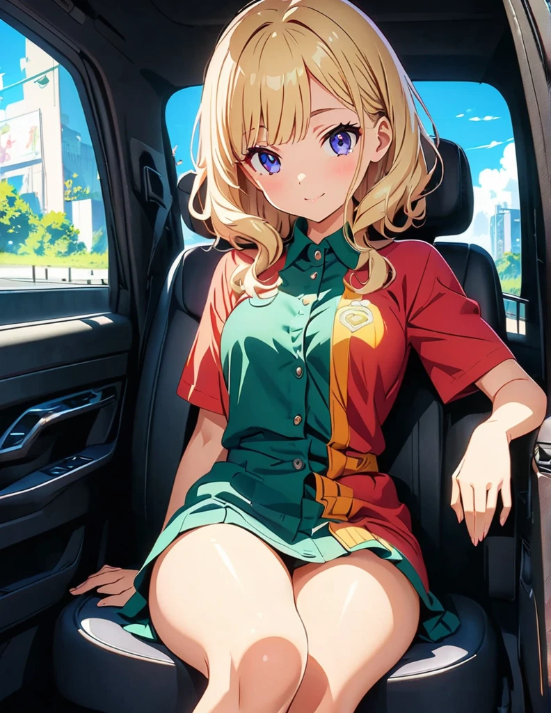 (anime artwork, anime style, studio anime, very detailed, up to date, vibrant, Anime Coloring, high contrast, masterpiece:1.2, best quality, best aesthetics),1 girl, Medium chest, A glimpse of thighs,random hair, One eye is hidden by the bangs, perfect proportions, high detail skin, Cute, detailed faces, precise fingers,in the convertible car front driver's seat,