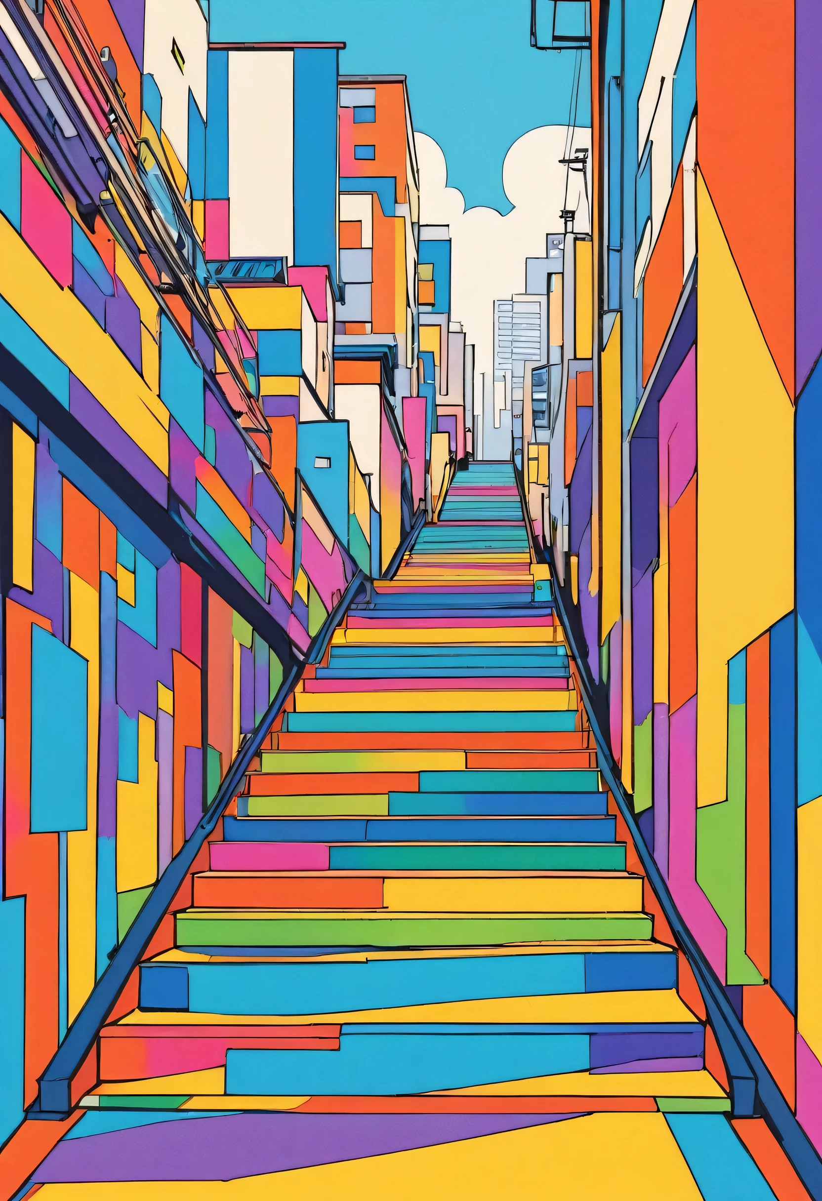 12stairs colorful style, Simple Line Initialism,Abstract art,(((Kobe cityscape))), (((No people)))