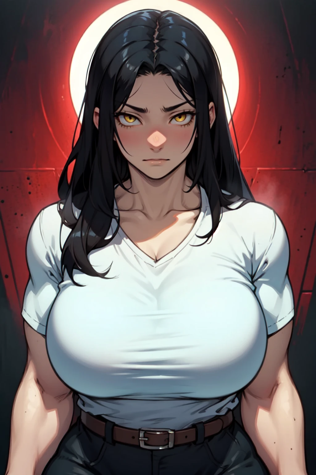 muscular girl muscular girl muscular girl thick thick thick breasts breasts breasts massive hair black hair yellow eyes pale skin solo sharp focus embarrassed solo empty eyes