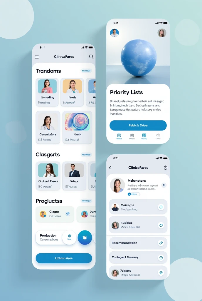### **Rack concept: Mobile app for selling and scheduling medical appointments for various specialties, laboratory and imaging exams for a medical clinic**
Description: The mobile app aims to showcase and sell trends and innovations in integrative health and longevity, focusing on prevention, laboratory exams and multidisciplinary consultations in classical medicine to serve a wide range of generations.
#### **Design:**
1. **Home screen layout:**
- **Header:** Name of the application ("ClinicaFares")
- Search bar: To find medical specialties or specific exams.
- **Main sections:**
- **TrendinG** Shows new products, new trends in aesthetics or plastic surgery, popular products.
- **Classics:** The most sought-after timeless medical specialties, Gynecology, Ophthalmology, Orthopedics and others from HiGhliGhts.
- **Mixing:** curated playlists that combine new products, trends, and the most searched for in the period.
2. **Product list screen:**
- **Header:** Product list title - **Category list:** Consultation, lab tests, surgery, and buttons.
- **Recommendation button:** Suggestions similar to songs.
3. **User profile:**
- **Profile photo**
- **Listening history**
- Favorite products: Options to customize which types of products are prioritized.
#### **Materials:**
- App development software: To create the app interface.
- **Design tools:** To design icons and layout (e.g. Adobe XD, sketch).
#### **Procedure:**
1. Design the layout: Use wireframe tools to create the basic structure of the mobile app screens. 2. **Develop the mobile app:** Program functionality and integrate product libraries.
3. **Test the app:** Ensure all features work as expected and gather user feedback.
#### **Design:**
- Simple and intuitive interface: Ensure easy navigation between products, categories and priority lists.
- **Modern and classic aesthetics:** Use a balanced design that reflects contemporary and traditional elements.