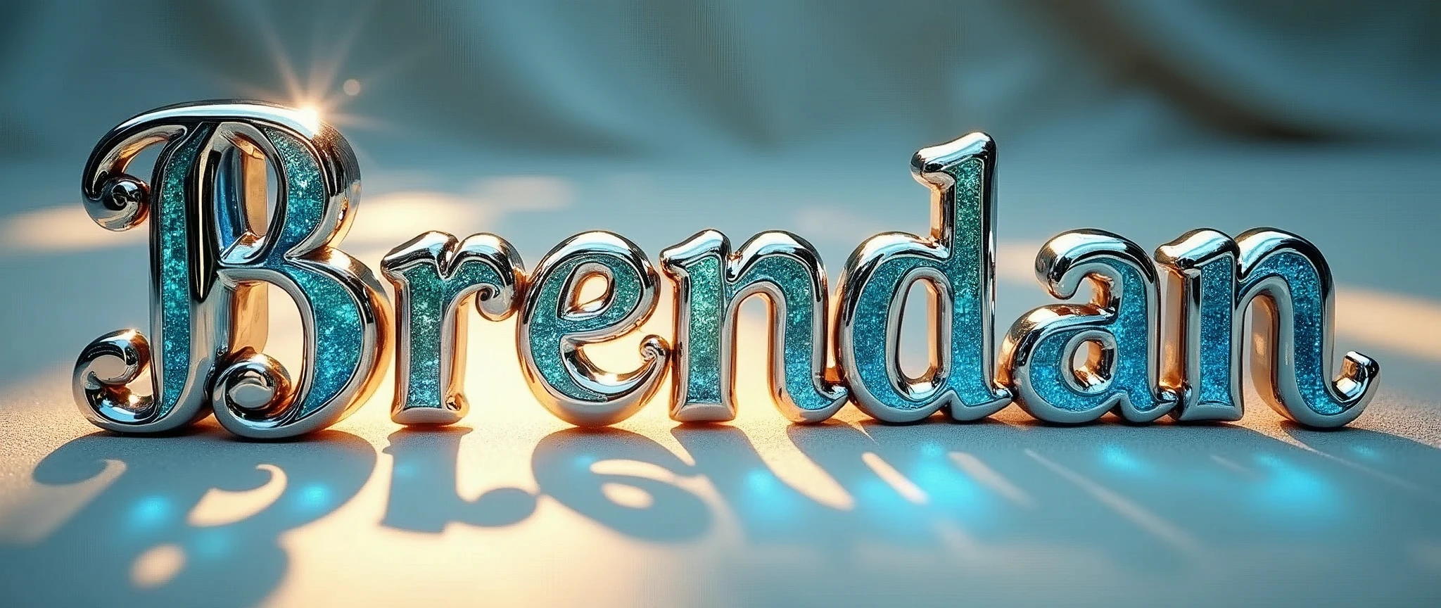 in spotlight, (text:"Brendan") The word, in delicate Art Nouveau fancy script text in shiny highly polished silver chrome and glowing coloured glass, with blue sky tropical reflection, art nouveau flowing shapes and flourishes, front face view on cream silk background, direct front lit by very bright sun, highlights, lens flare, logo, badge, emblem, insignia, label, photorealistic, extremely detailed, beautiful, unique, epic, cinematic, sparkling,