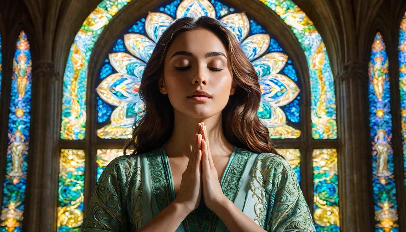 (best qualityer,4K,8k,high resolution,work of art:1.2),ultra detali,(realisitic,photorealisitic,photo-realisitic:1.37),cathedral, praying to God,Kale,Artistic photo,neat beauty,sunlight streaming through stained glass windows,serene expression,innocent and ethereal,breathtaking atmosphere,hushed whispers of devotion,Divine connection,transcendent moment,sacredness,dream quality,sublime lighting,architectural magnificence,divine embrace,sculptures and elaborate carvings,heavenly aura,spiritual journey,swirly vibrant colors,dappled light,ethereal glow,Celestial Realm,the girl&#39;s graceful curves highlighted by the sunlight,female form celebrated as art,prayerful solitude,peaceful serenity,Spiritual Enlightenment,Unspoken s,touch of vulnerability,celestial ethereality,magical realism,Exquisite details,poetic composition, (NSFW:1.3)