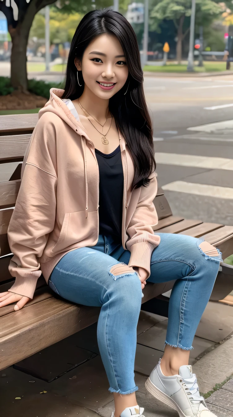 Super Resolution、Beautiful Korean Women、Full body photo、sitting on a park bench、Black Hair、ear piercing、necklace、hoodie、Skinny jeans、sneakers、、smile、Beautiful teeth alignment