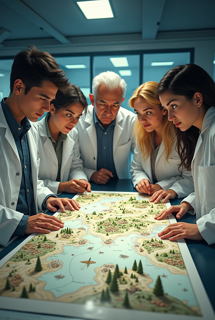 On a table a. Group of 5 scientists two young and one old and two women one blonde and the other black hair looking at a large illustrated map with landscapes like, mountains, a town and city and forests without sea. With a background as if they were in a laboratory