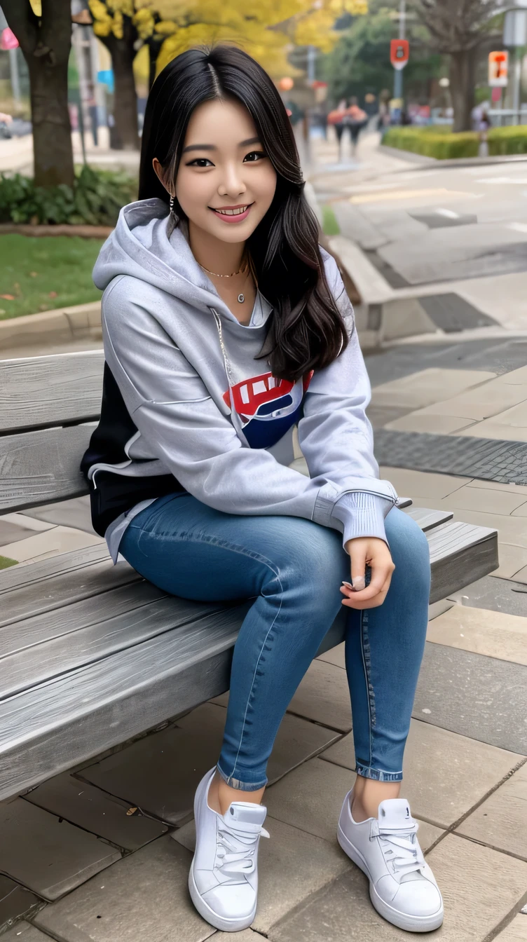 Super Resolution、Beautiful Korean Women、Full body photo、sitting on a park bench、Black Hair、ear piercing、necklace、hoodie、Skinny jeans、sneakers、、smile、Beautiful teeth alignment