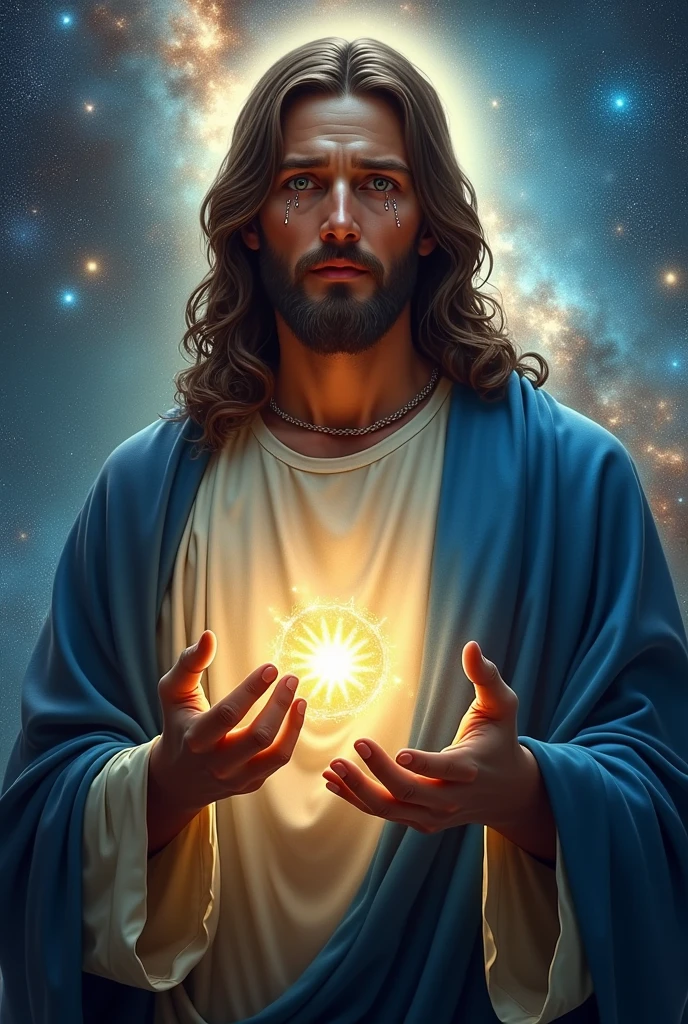 (photorealism:1.2), handsome Jesus Christ with tears in the galaxy, wearing blue king clothes with light in his head and heart spreading all over in the galaxy, perfect eyes tears, perfect Jesus Christ, real Jesus Christ, perfect five hands, perfect crying face, elegant, soft lighting, many stars, stand straight, realistic, intricate details, warm colors, by Earl Cornelio Necor