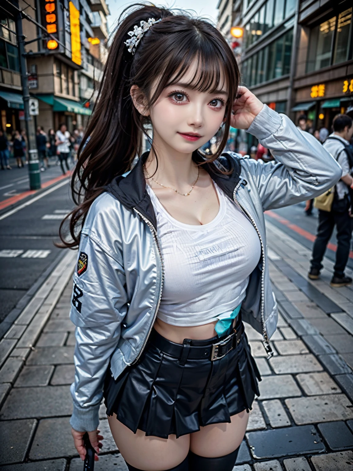 An exquisite masterpiece,(super high quality: 1.32), (Ultra-high resolution: 1.4), (Ultra-high resolution: 1.3), (CG Unity 8k Wallpaper: 1.2), (Detailed eyes and skin: 1.35), (Detailed facial features: 1.25), (Detailed eyes: 1.36), Accurate and perfect human anatomy, (Textured skin: 1.26),Wearing a black short jacket and black boots、Woman standing on a city sidewalk, wearing japanese techwear, Wearing a pleated skirt, Street fashion in Japanese cities, Short skirt and long jacket, Tokyo Cyberpunk Night, Cyberpunk Anime Girl, Tokyo Fashion, Japanese Street Fashion, Photos of women in techwear, egirl, e - girl