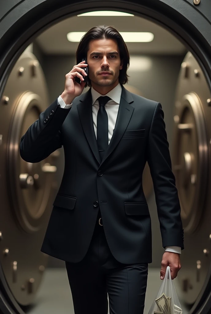 black hair woman, straight-haired man in a smart black suit talking on the phone as he walks out of a bank vault with a bag of cash in his hand
