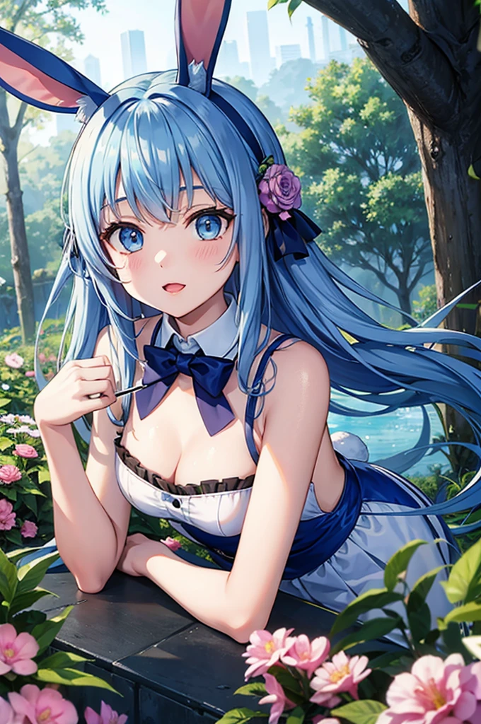Alice in Wonderland、Light blue long hair beautiful girl with twin tails Long rabbit ears Running through the deep forest dynamic mode A lot of beautiful flowers Trump's Soldiers、Anime Cat、Big rabbit There are a lot of animals in the forest Trump is dancing