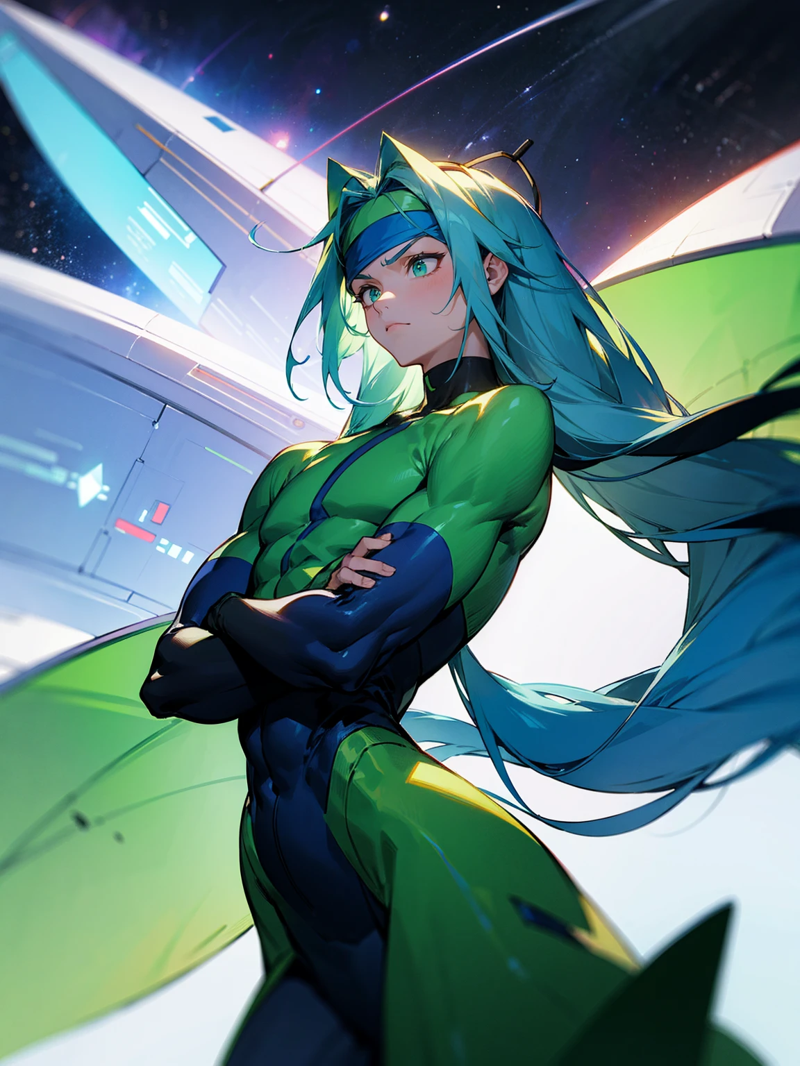 1male, green skin, antennae, long blue hair, headband, super suit, oversized fur coat, serious, muscular, four arms, space ship, arms folded