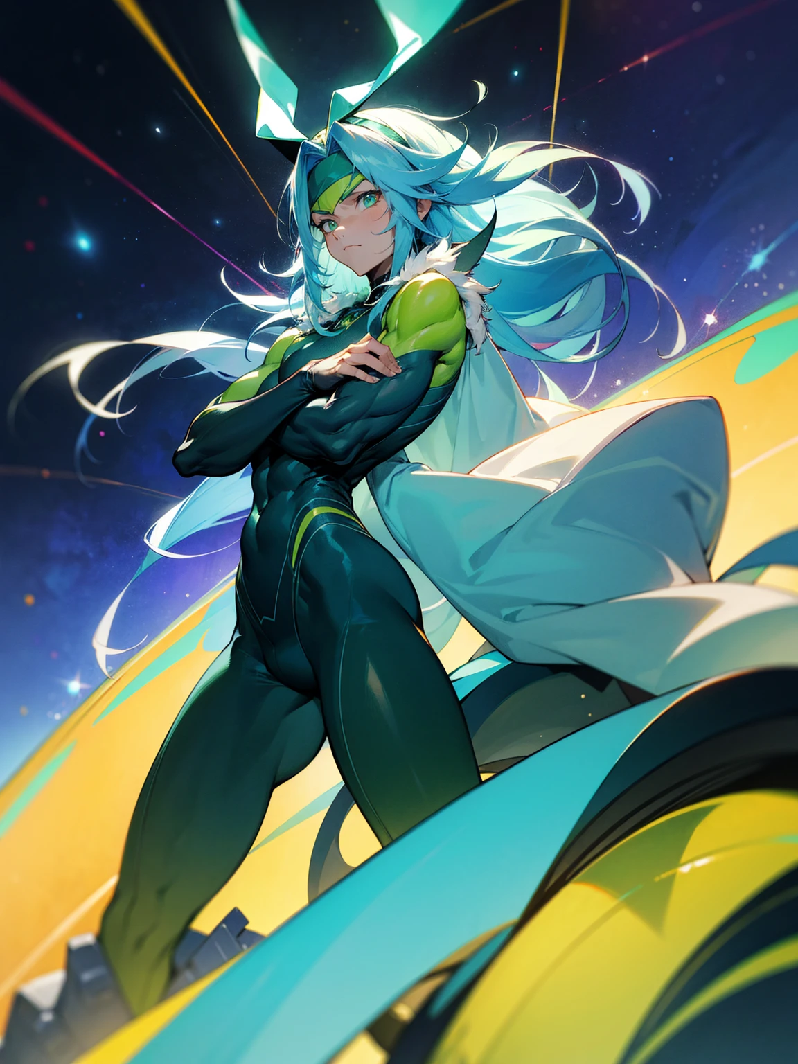 1male, green skin, antennae, long blue hair, headband, super suit, oversized fur coat, serious, muscular, four arms, space ship, arms folded