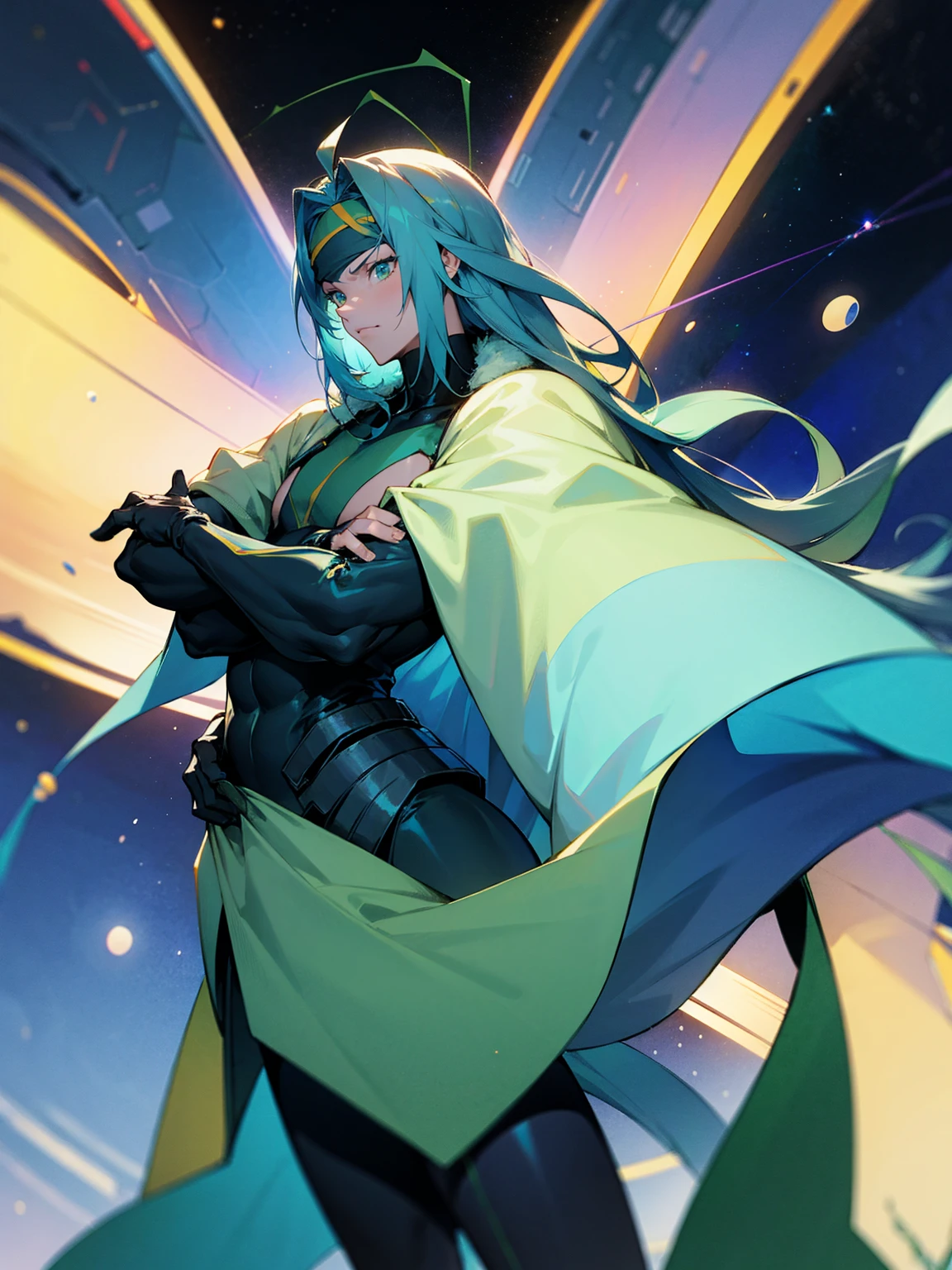 1male, green skin, antennae, long blue hair, headband, super suit, oversized fur coat, serious, muscular, four arms, space ship, arms folded